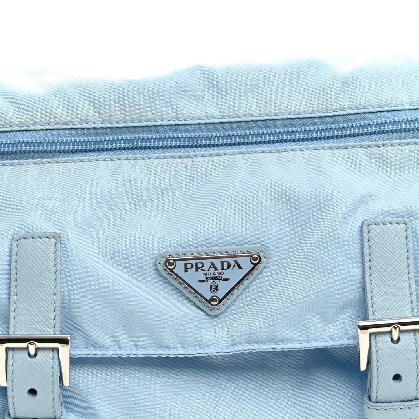 Re-Nylon Vela Saffiano Pocket Double Buckle Messenger Shoulder Bag Celeste