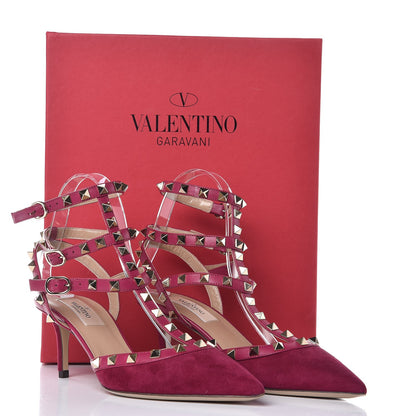 Valentino Garavani Suede Rockstud Ankle Strap Low Heel Pumps 38 Camelia 8 of 10