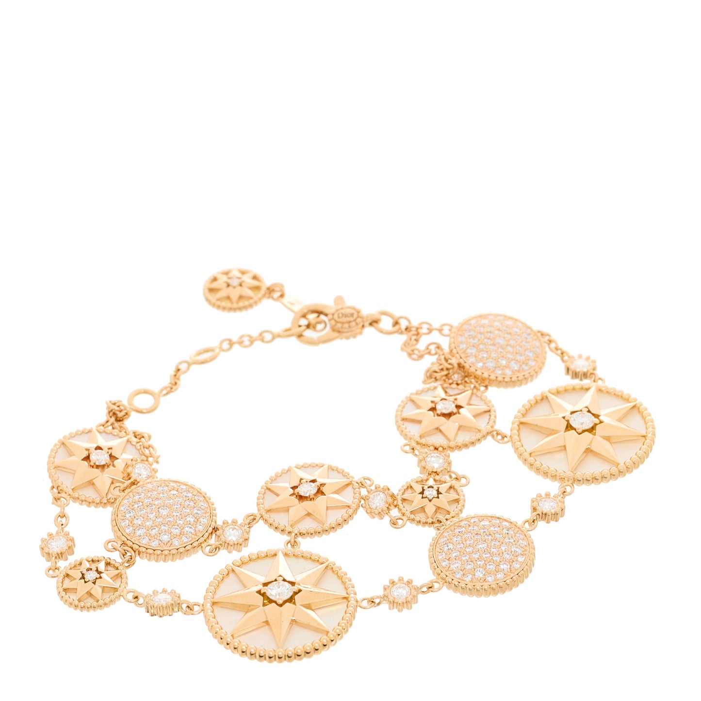 18K Rose Gold Diamond Mother of Pearl Rose Des Vents Double Chain Bracelet