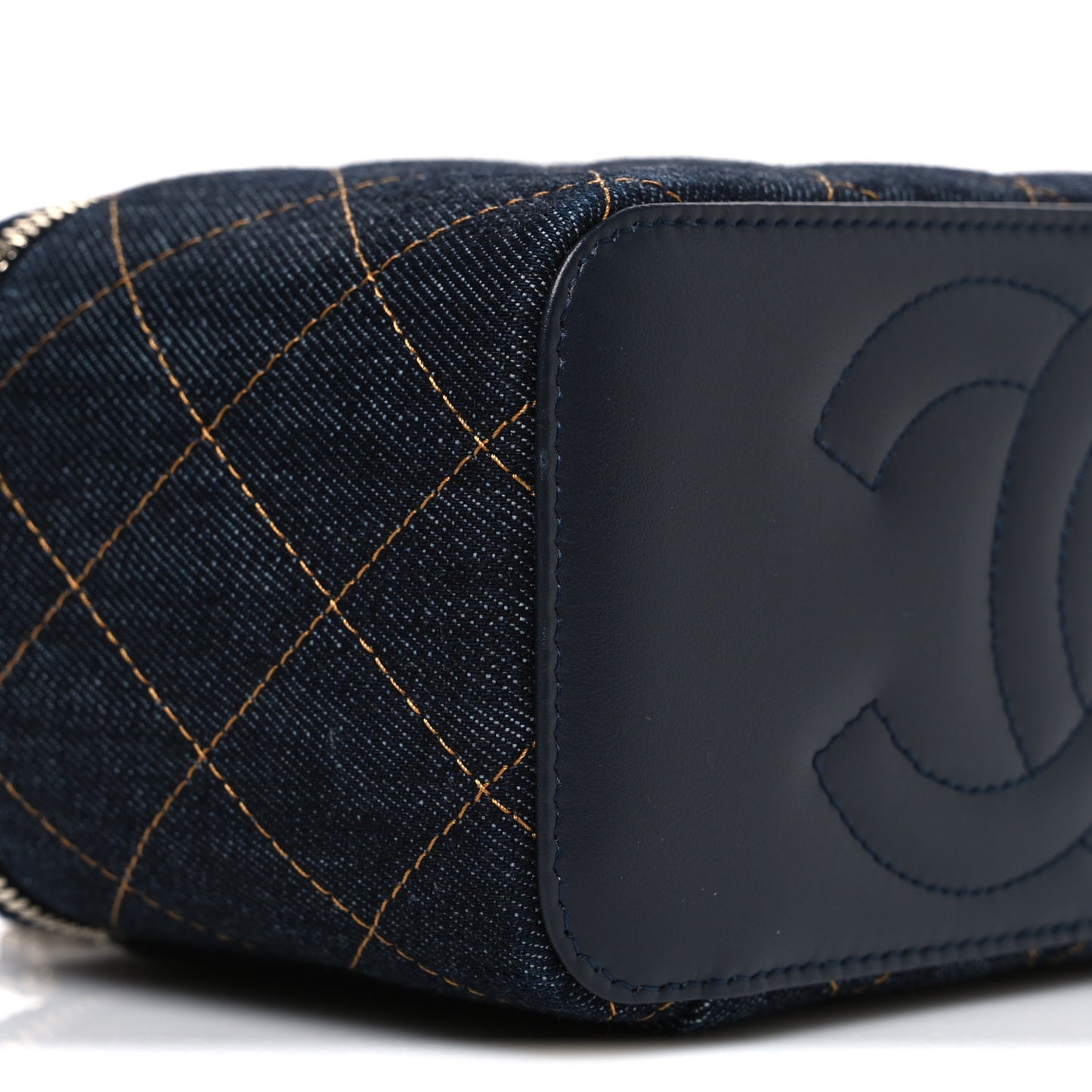 Denim Quilted Small Vanity Case With Chain Dark Blue Orange