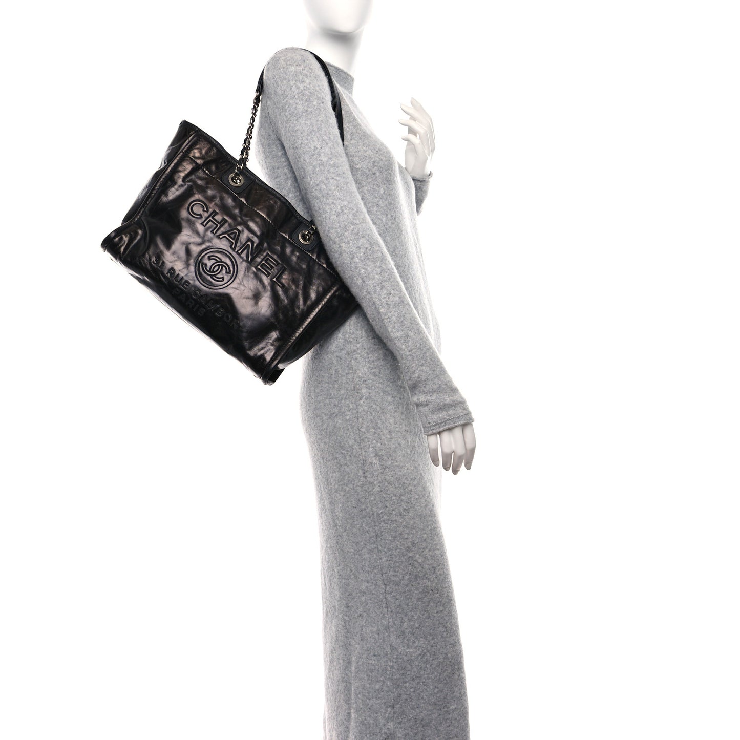 Glazed Calfskin Small Deauville Tote Black