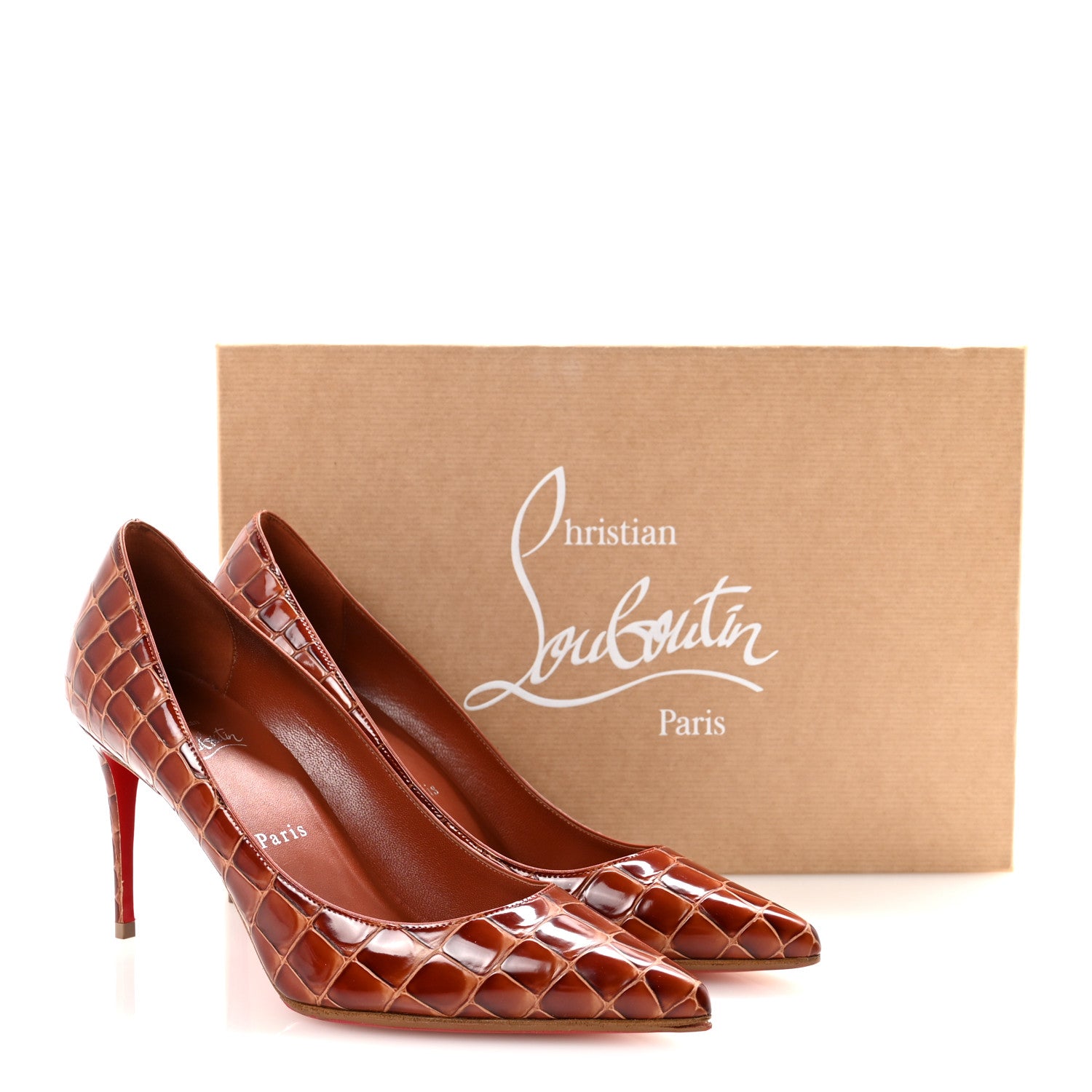 Christian Louboutin Calfskin Crocodile Embossed Kate 85 Pumps 38 Acajou 9 of 9