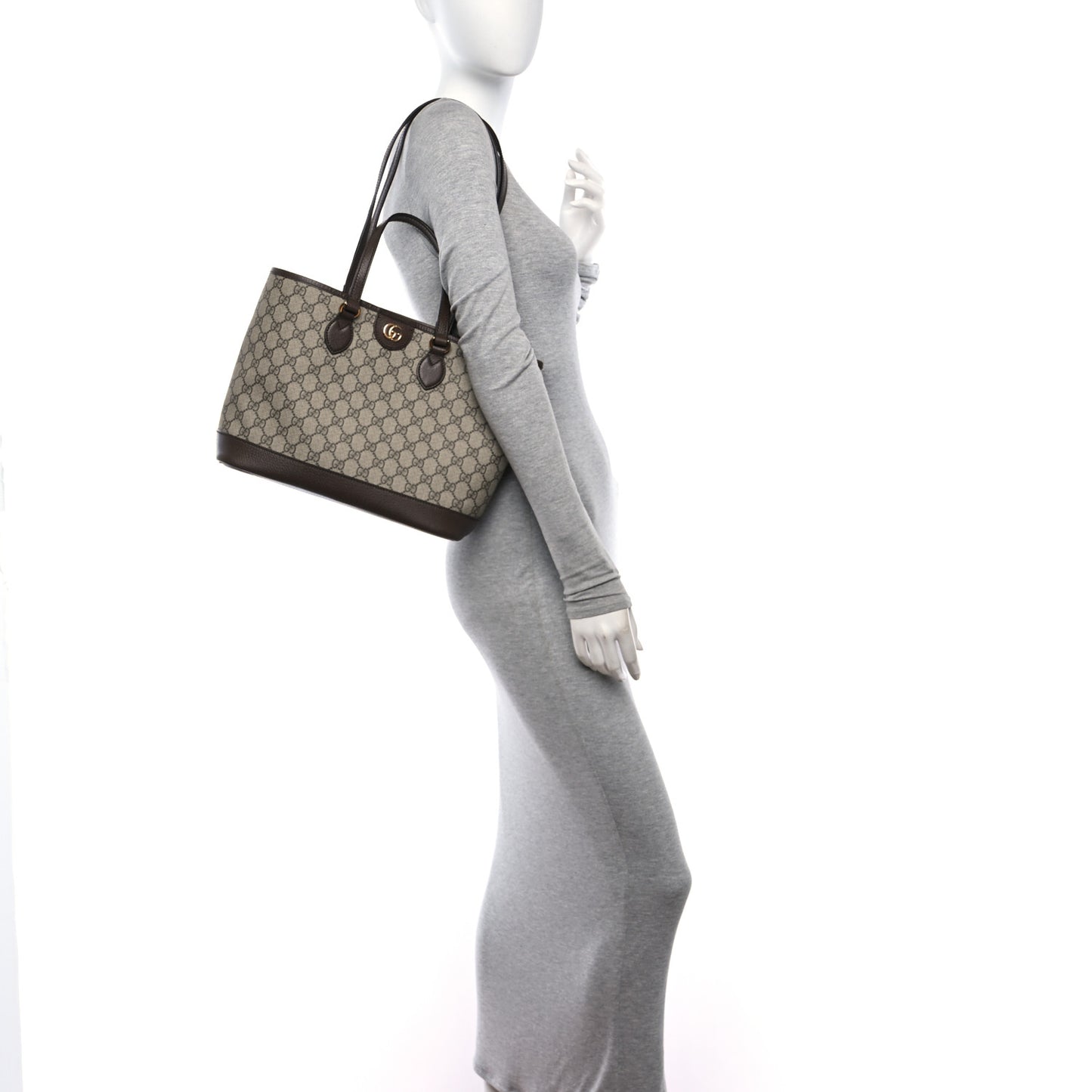GG Supreme Monogram Textured Calfskin Small Ophidia Shoulder Tote Bag Beige Ebony New Acero