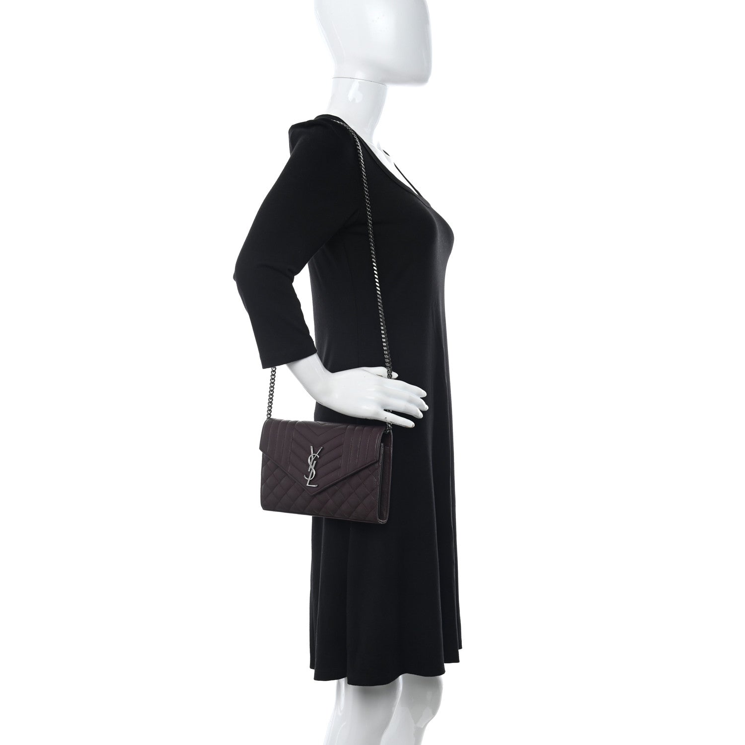 Saint Laurent Sheepskin Tri-Quilt Monogram Envelope Chain Wallet Burgundy 3 of 12
