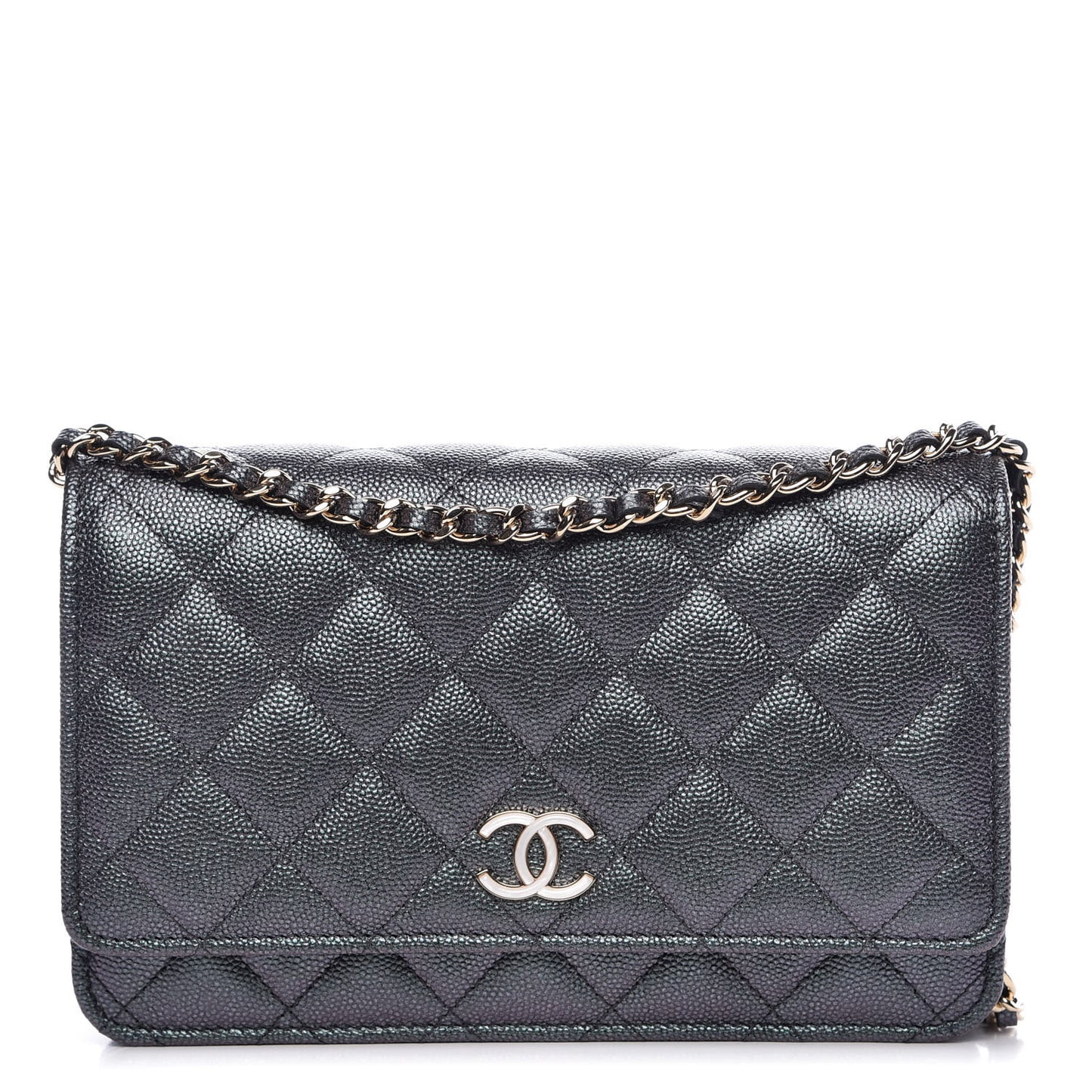Iridescent Caviar Quilted Wallet On Chain WOC Black