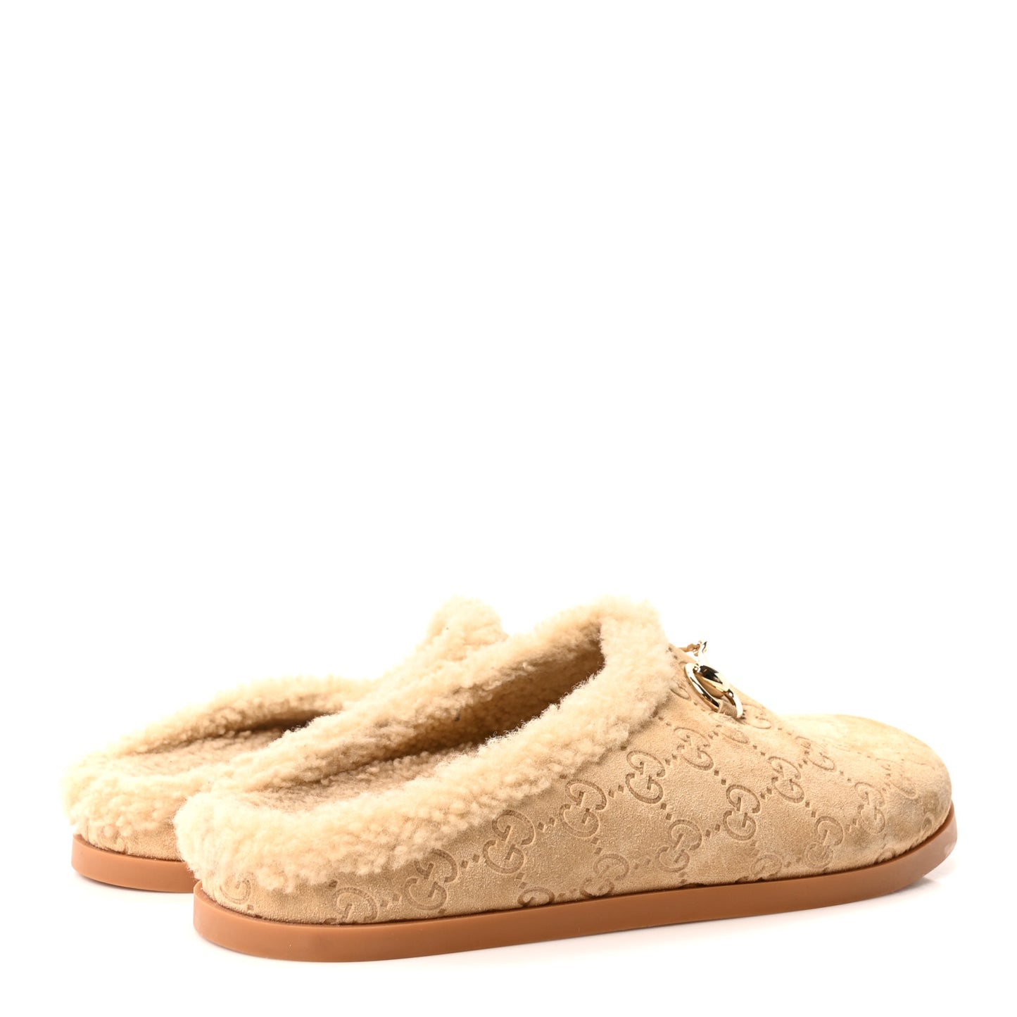 Suede GG Debossed Shearling Womens Horsebit Mules 39 Beige