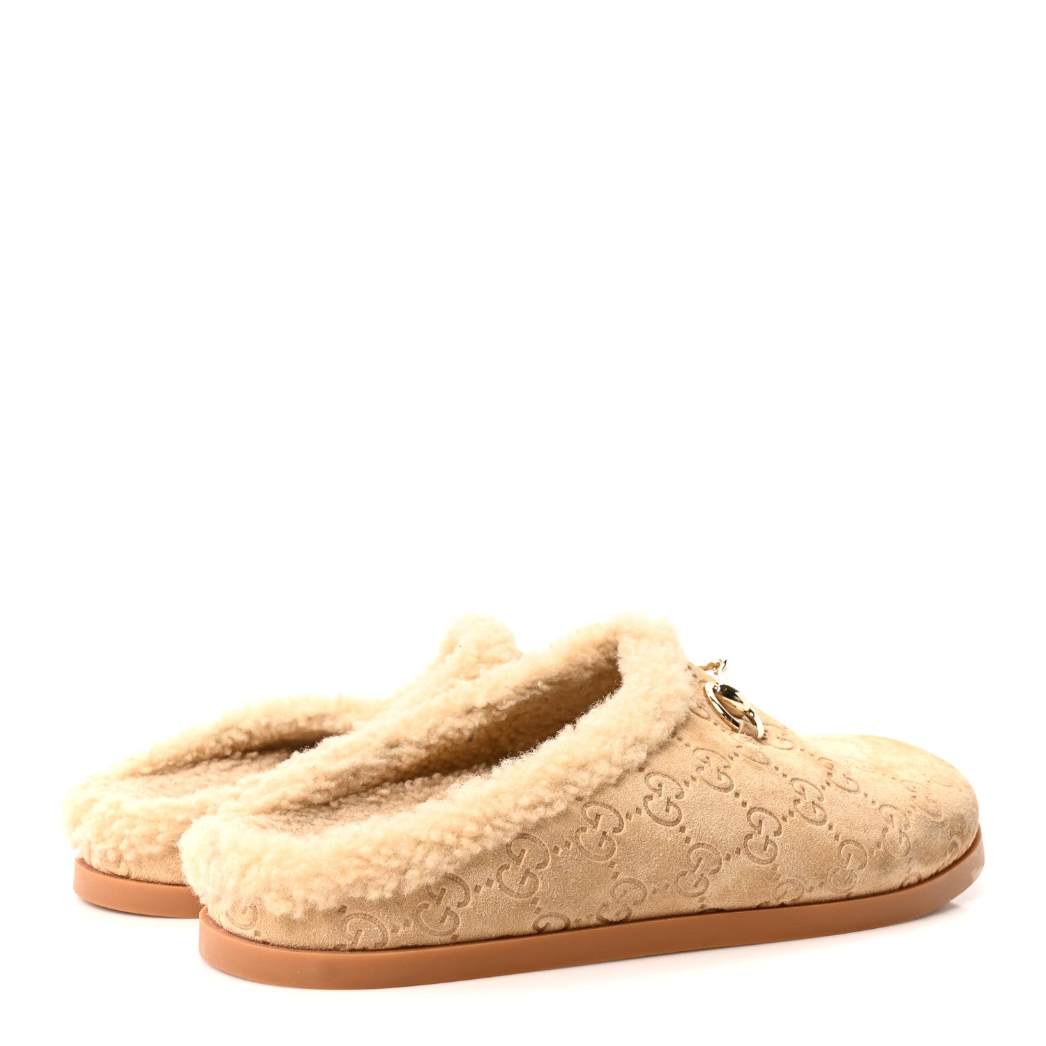 Gucci Suede GG Debossed Shearling Womens Horsebit Mules 39 Beige 5 of 8