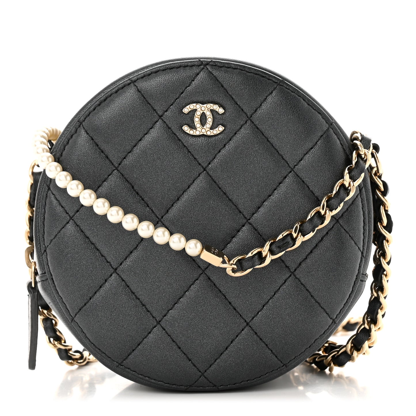 Iridescent Lambskin Quilted Pearl Round Clutch With Chain Black