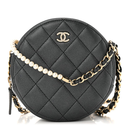Chanel Iridescent Lambskin Quilted Pearl Round Clutch With Chain Black 1 of 10