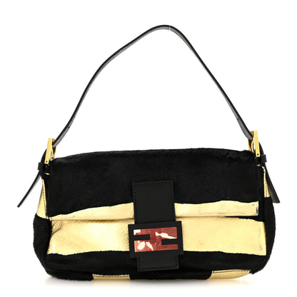 Fendi Metallic Calfskin Calf Hair Baguette Black Gold 1 of 13