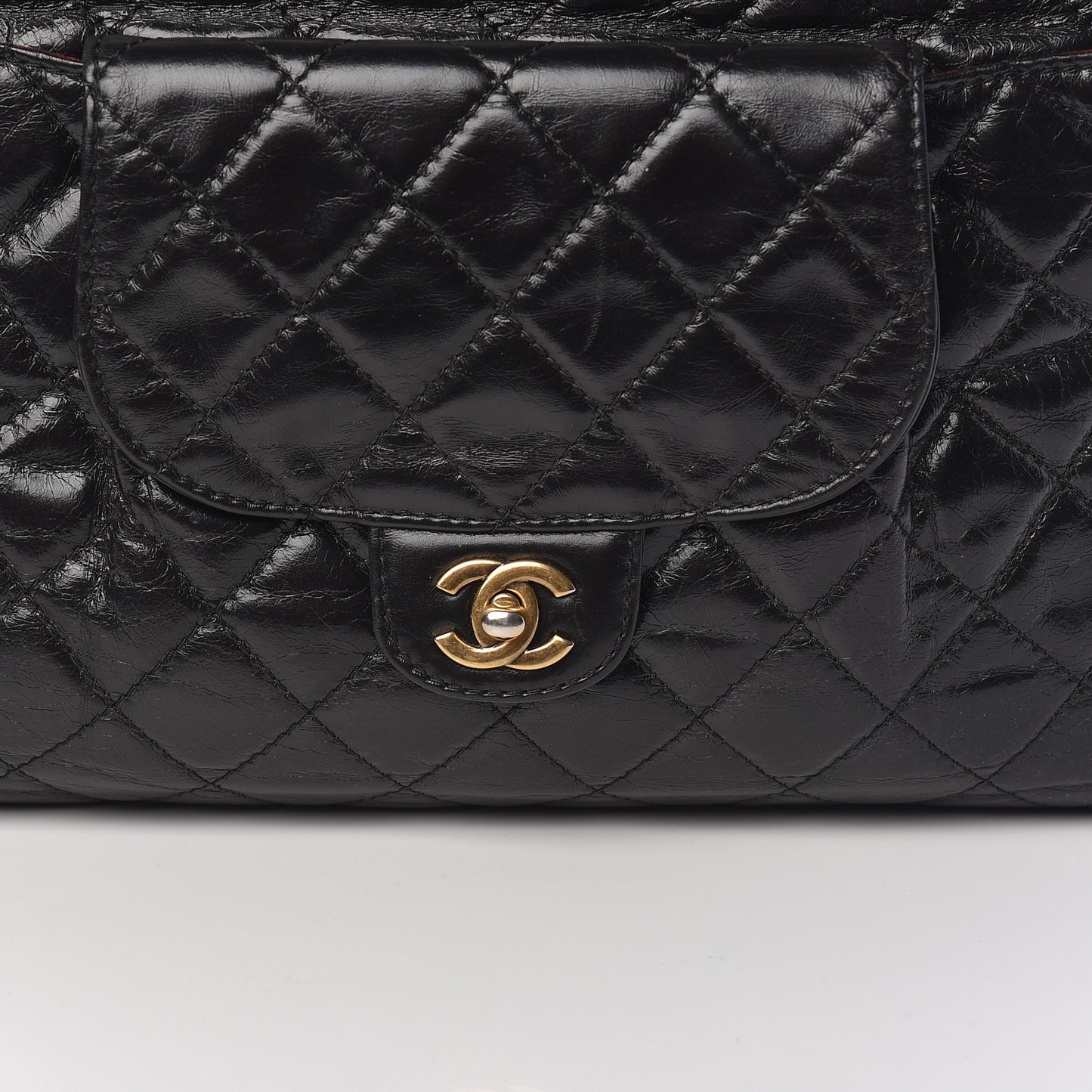 Glazed Calfskin Quilted Large Front Pocket Tote Black
