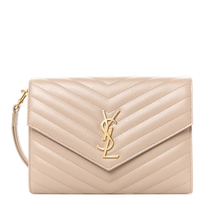 Saint Laurent Grain De Poudre Matelasse Chevron Monogram Envelope Clutch Dark Beige 1 of 10