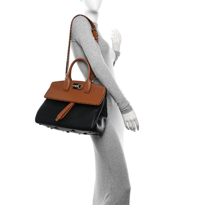 Salvatore Ferragamo Calfskin Woven Large Studio Top Handle Bag Tan Black 2 of 12