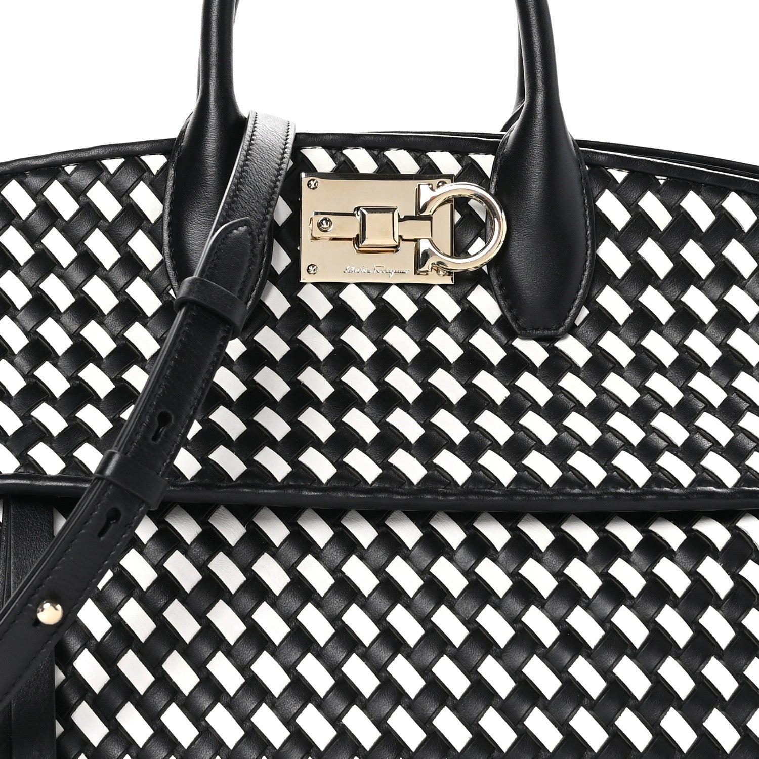 Salvatore Ferragamo Woven Calfskin Medium Studio Top Handle Bag Black White 7 of 9