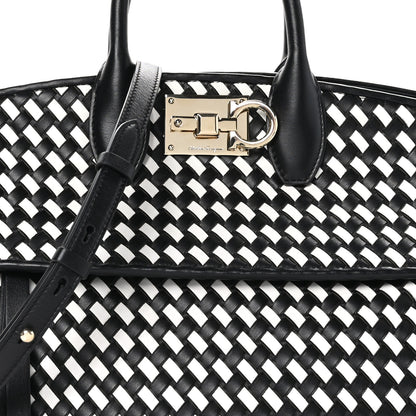 Salvatore Ferragamo Woven Calfskin Medium Studio Top Handle Bag Black White 7 of 9