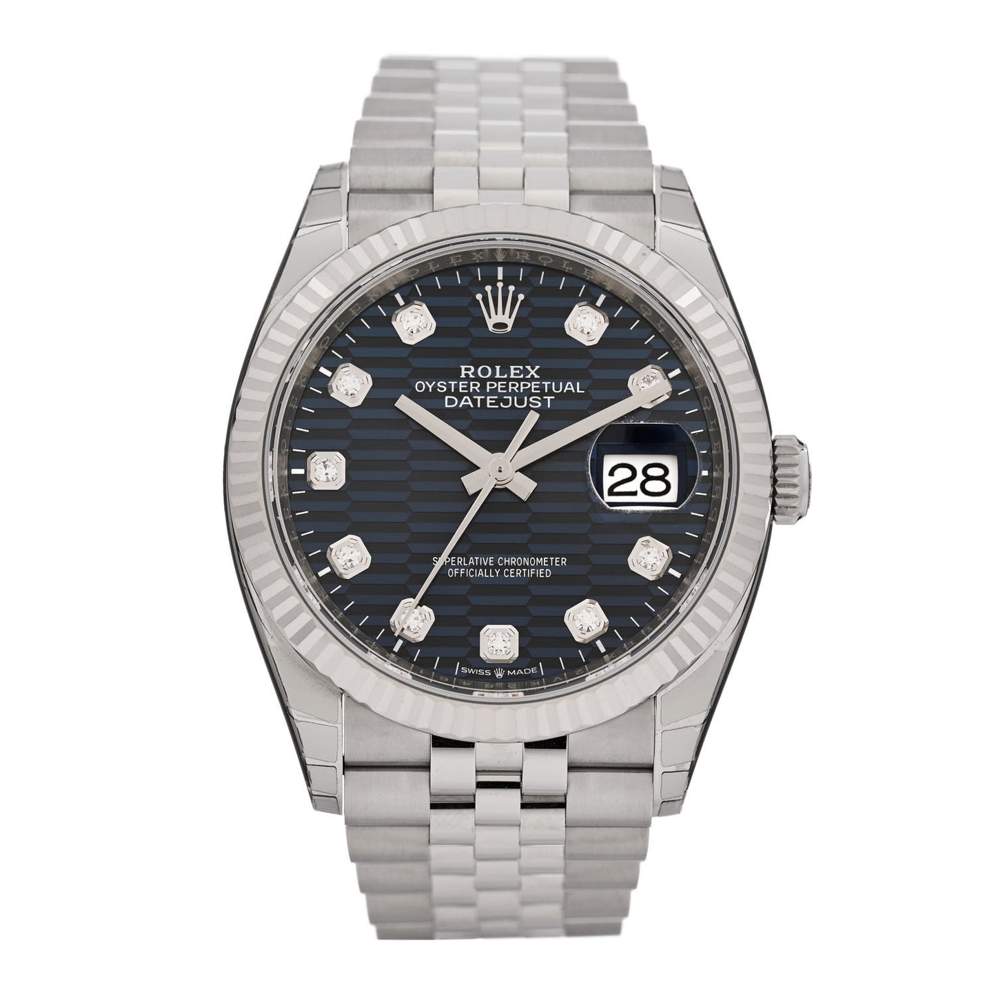 Stainless Steel 18K White Gold Diamond 36mm Oyster Perpetual Datejust Watch Blue Fluted 126234