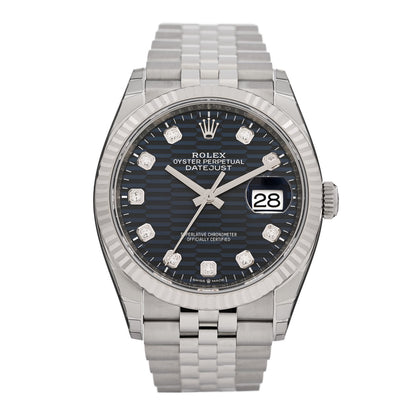Rolex Stainless Steel 18K White Gold Diamond 36mm Oyster Perpetual Datejust Watch Blue Fluted 126234 1 of 5