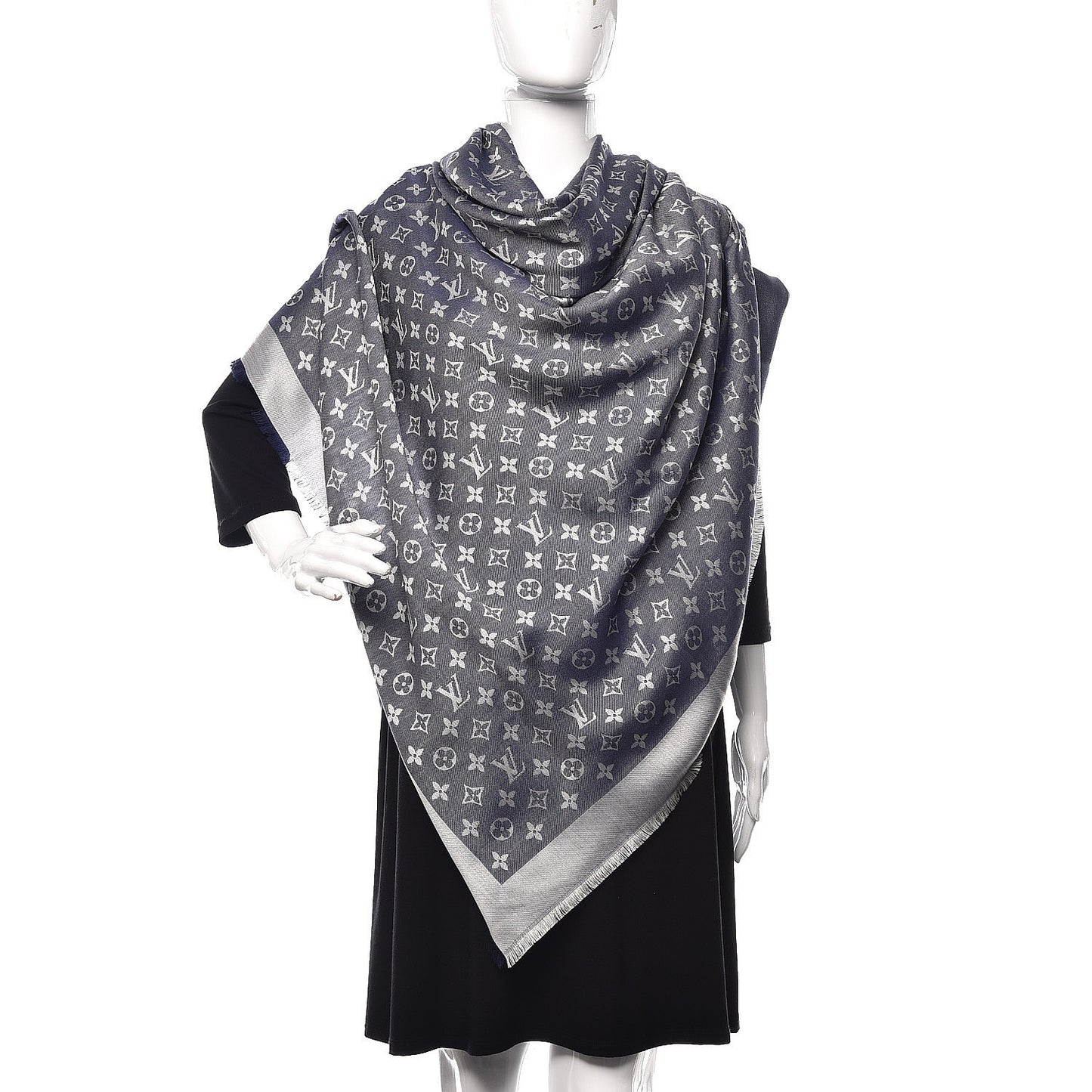 Wool Silk Monogram Denim Shawl Blue