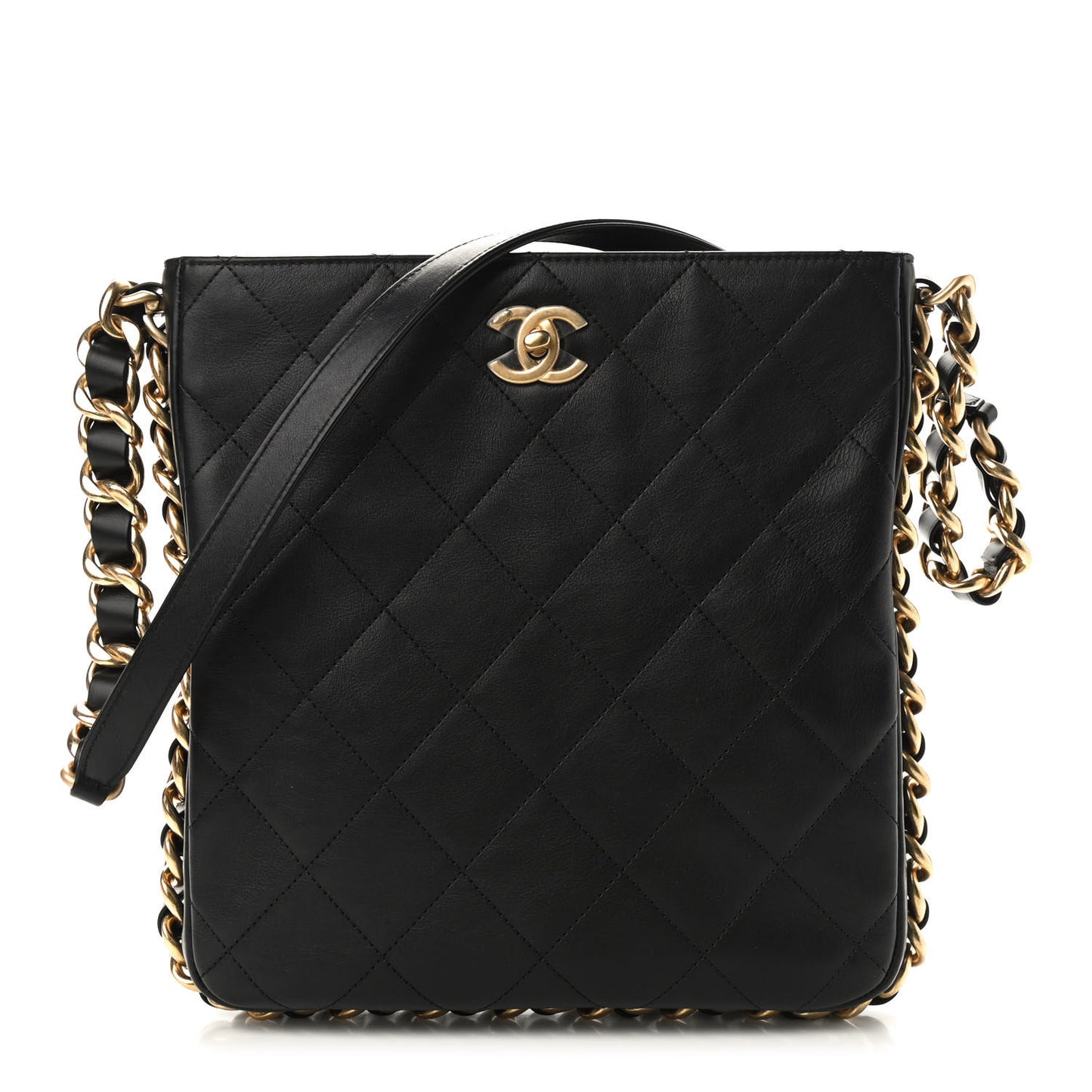 Calfskin Quilted Framing Chain Hobo Black