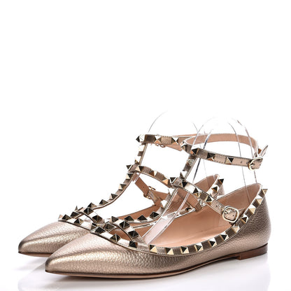 Valentino Garavani Metallic Pebbled Calfskin Rockstud Cage Ballerina Flats 38 Sasso 3 of 9