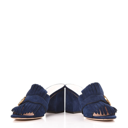Gucci Kid Scamosciato GG Marmont Fringe 75mm Slide Sandals 39 Blue Ink 11 of 12