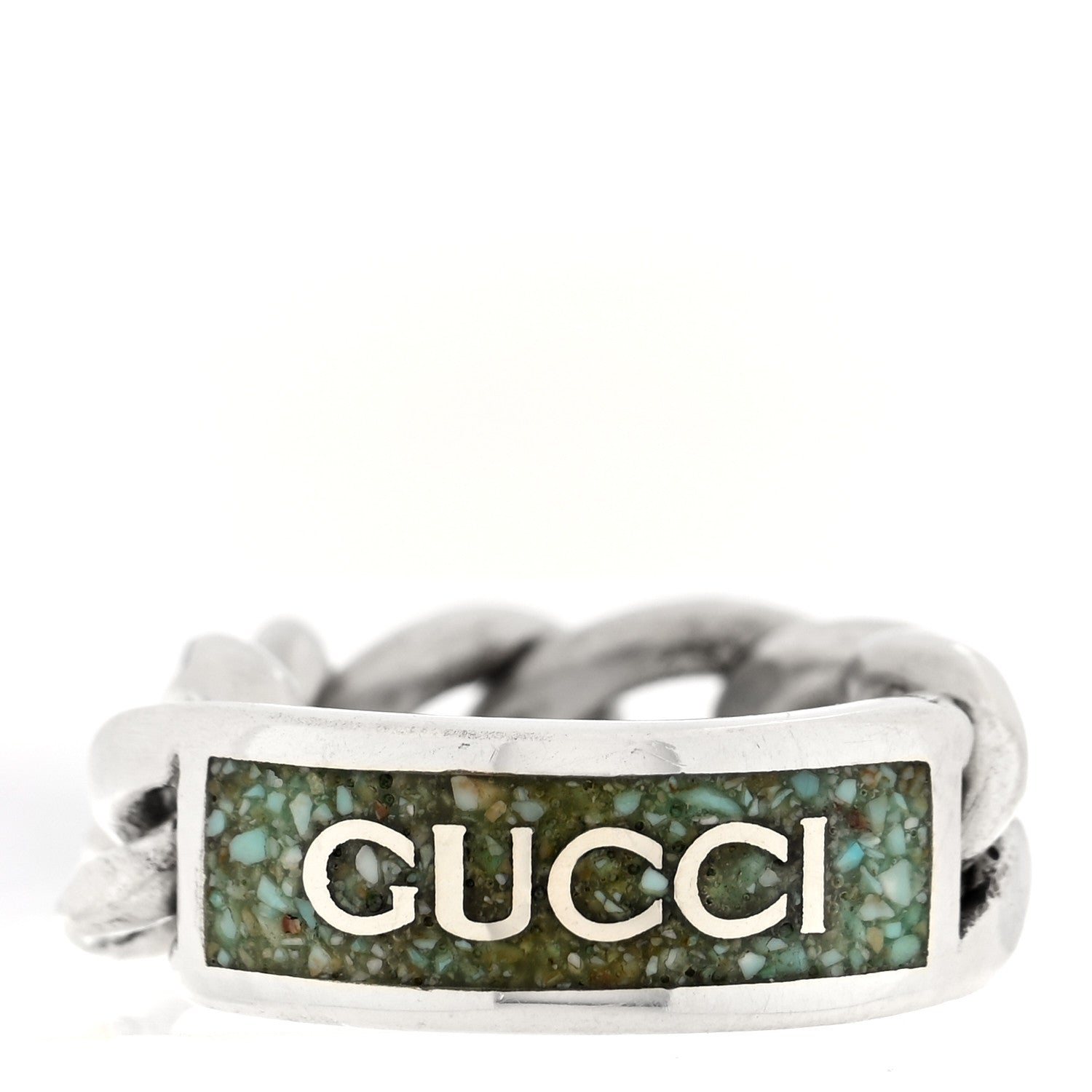Gucci Sterling Silver Enamel Logo Chain Ring 49 4.75 Turquoise 1 of 4