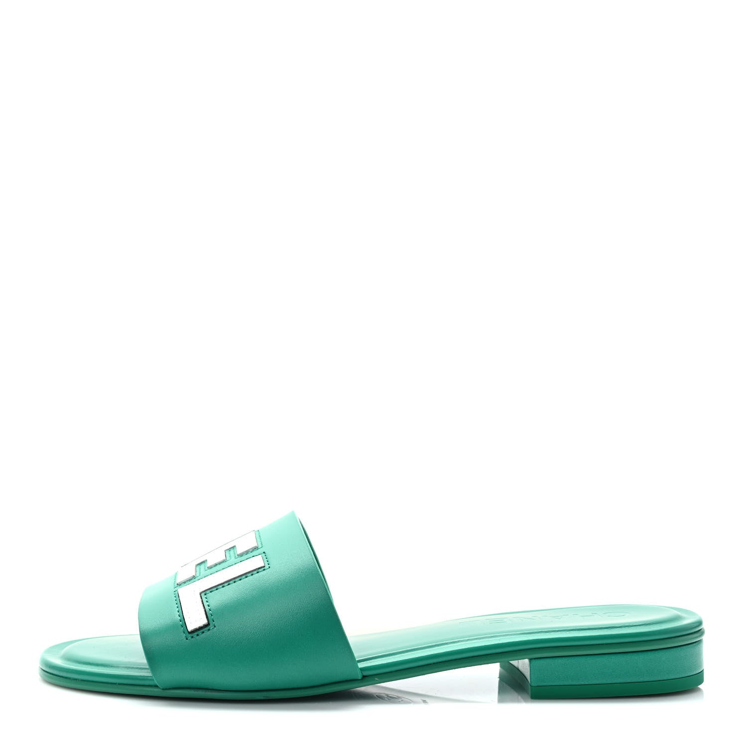 Chanel Calfskin Patent Calfskin Logo Mules 39 Green White 1 of 8