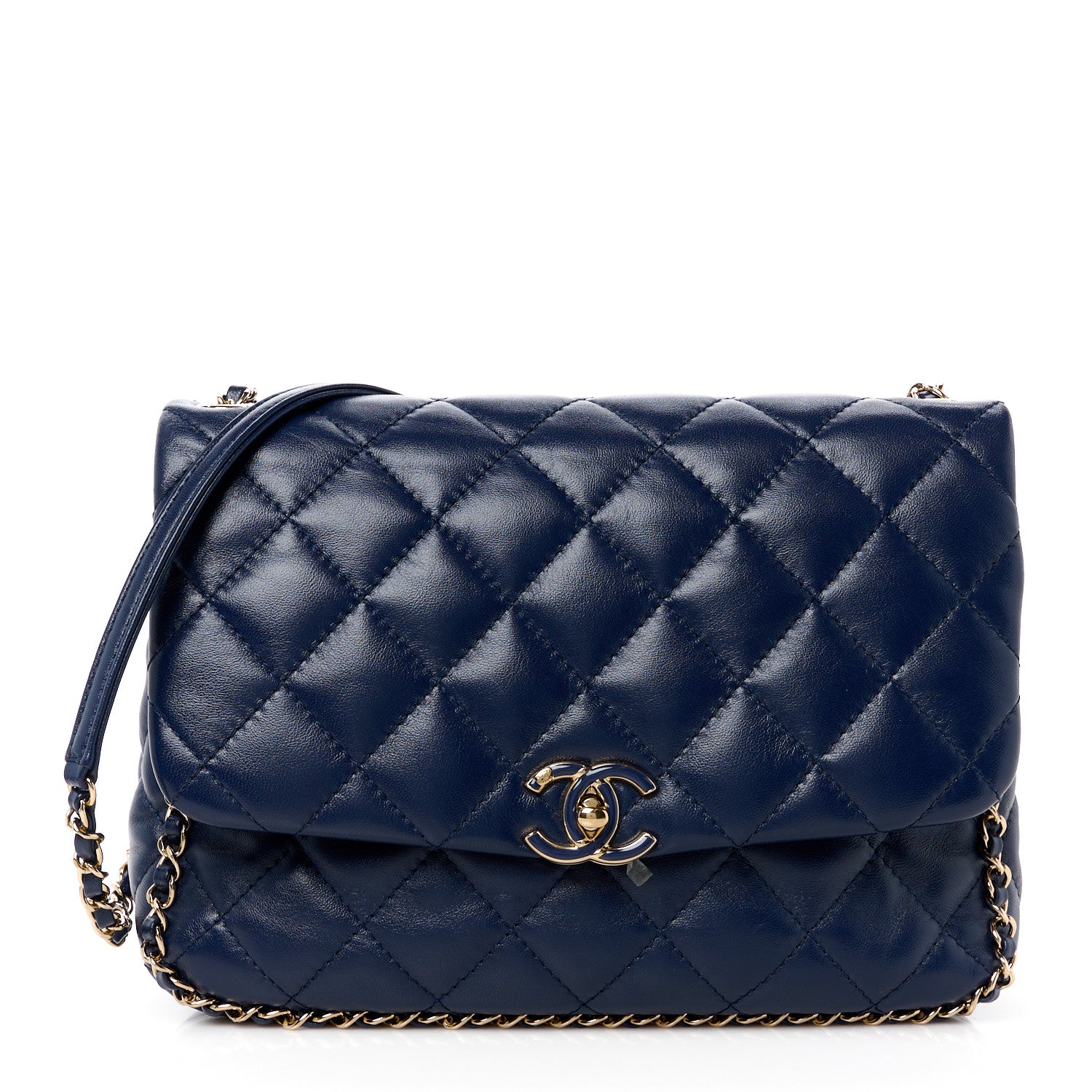 Chanel Lambskin Enamel Quilted Chain Frame Flap Navy 1 of 11