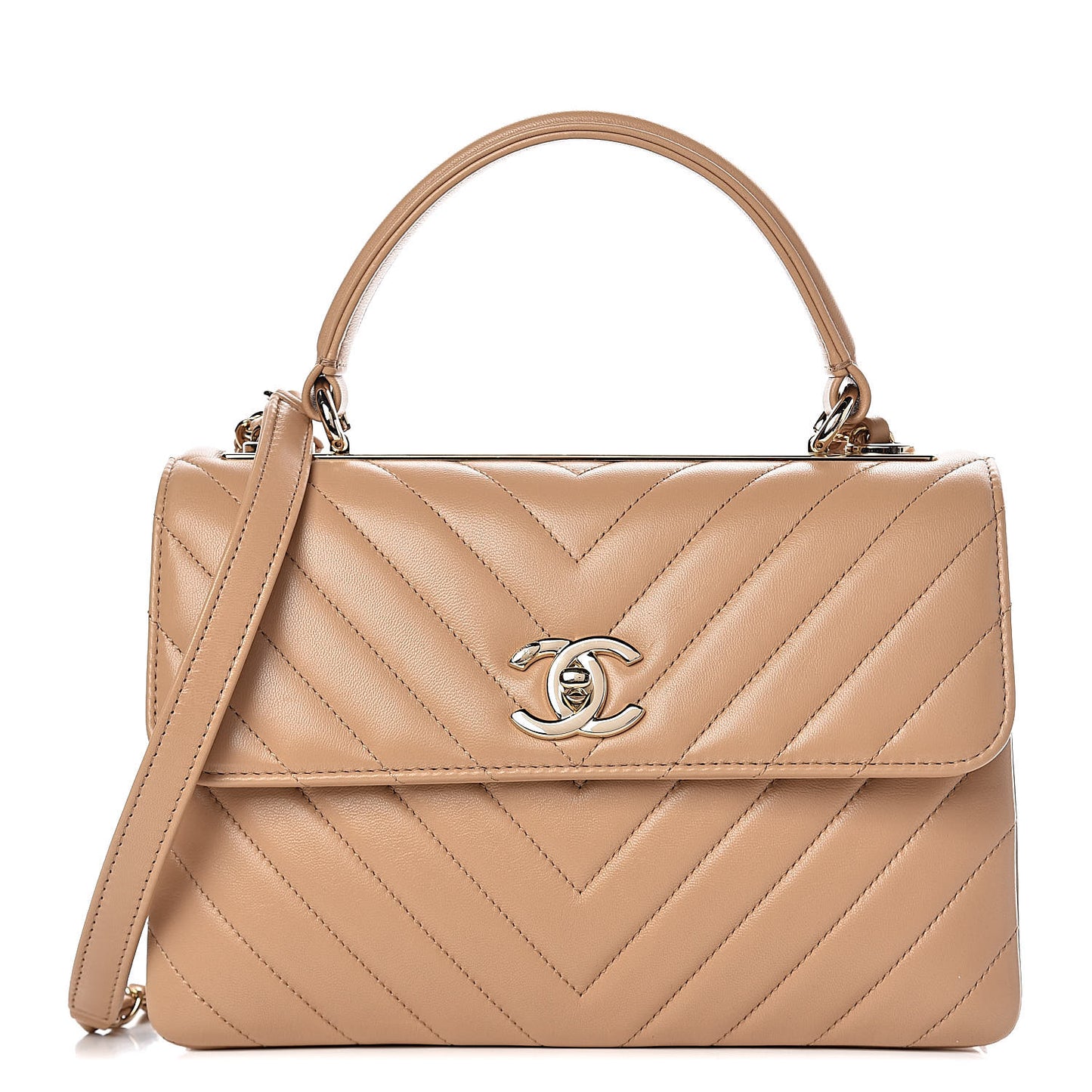 Lambskin Chevron Quilted Small Trendy CC Dual Handle Flap Bag Beige