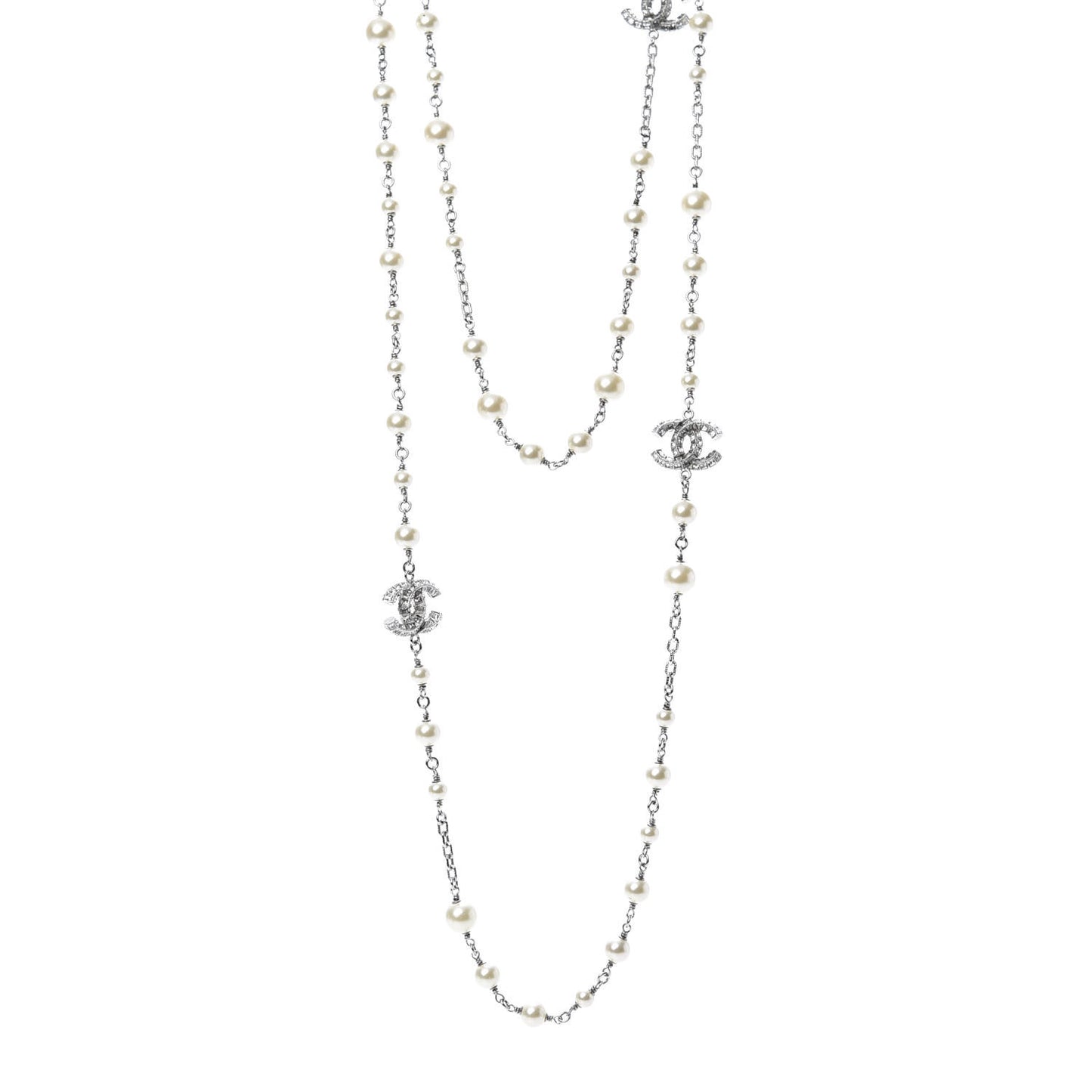 Pearl Baguette Crystal CC Long Necklace Silver
