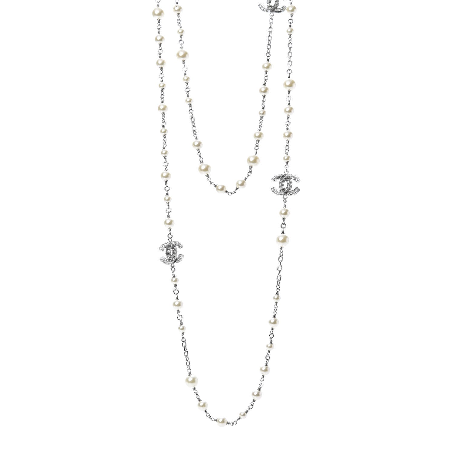 Chanel Pearl Baguette Crystal CC Long Necklace Silver 1 of 5