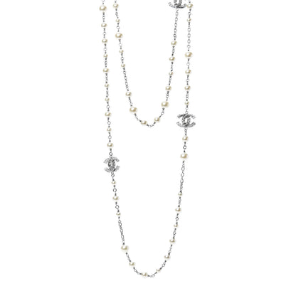 Chanel Pearl Baguette Crystal CC Long Necklace Silver 1 of 5