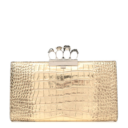 Alexander McQueen Metallic Calfskin Crocodile Embossed Knuckle Flat Clutch Gold 1 of 8