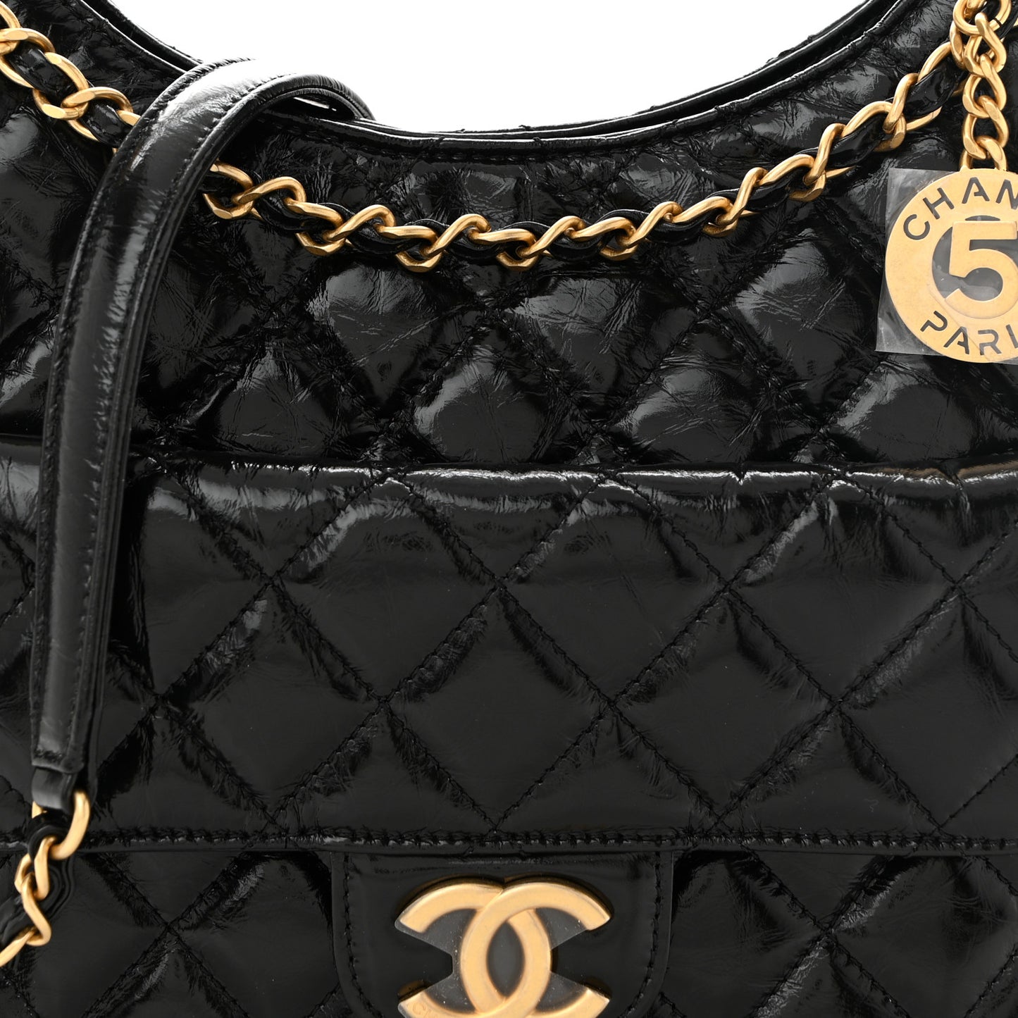Shiny Crumpled Calfskin Quilted Wavy CC Hobo Black