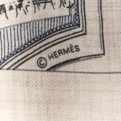 Hermes Cashmere Silk Grand Theatre Nouveau Shawl 140 Naturel Marine Black 4 of 6