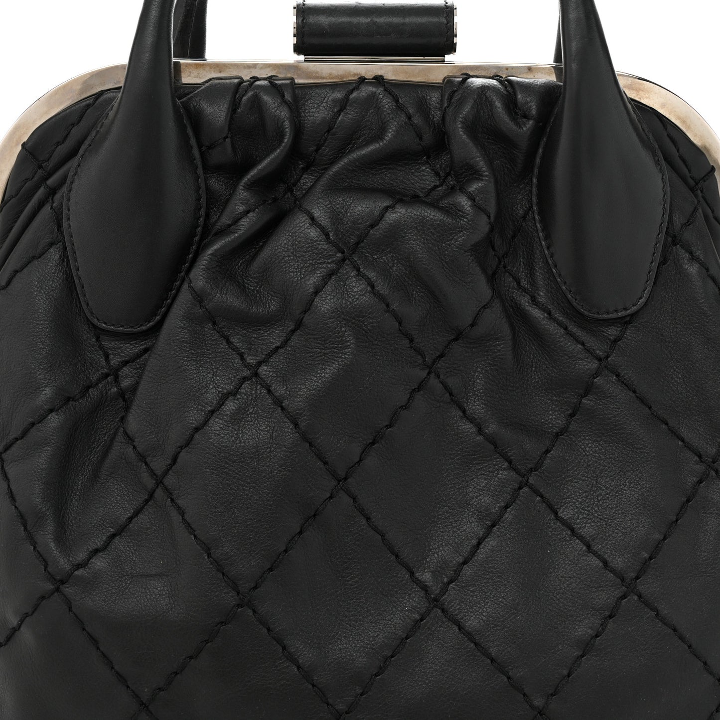 Calfskin Stitched Expandable Frame Bag Black