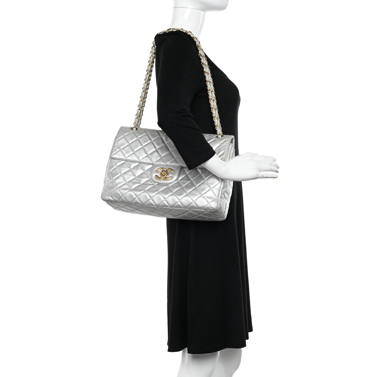 Metallic Lambskin Quilted Maxi Single Flap Silver