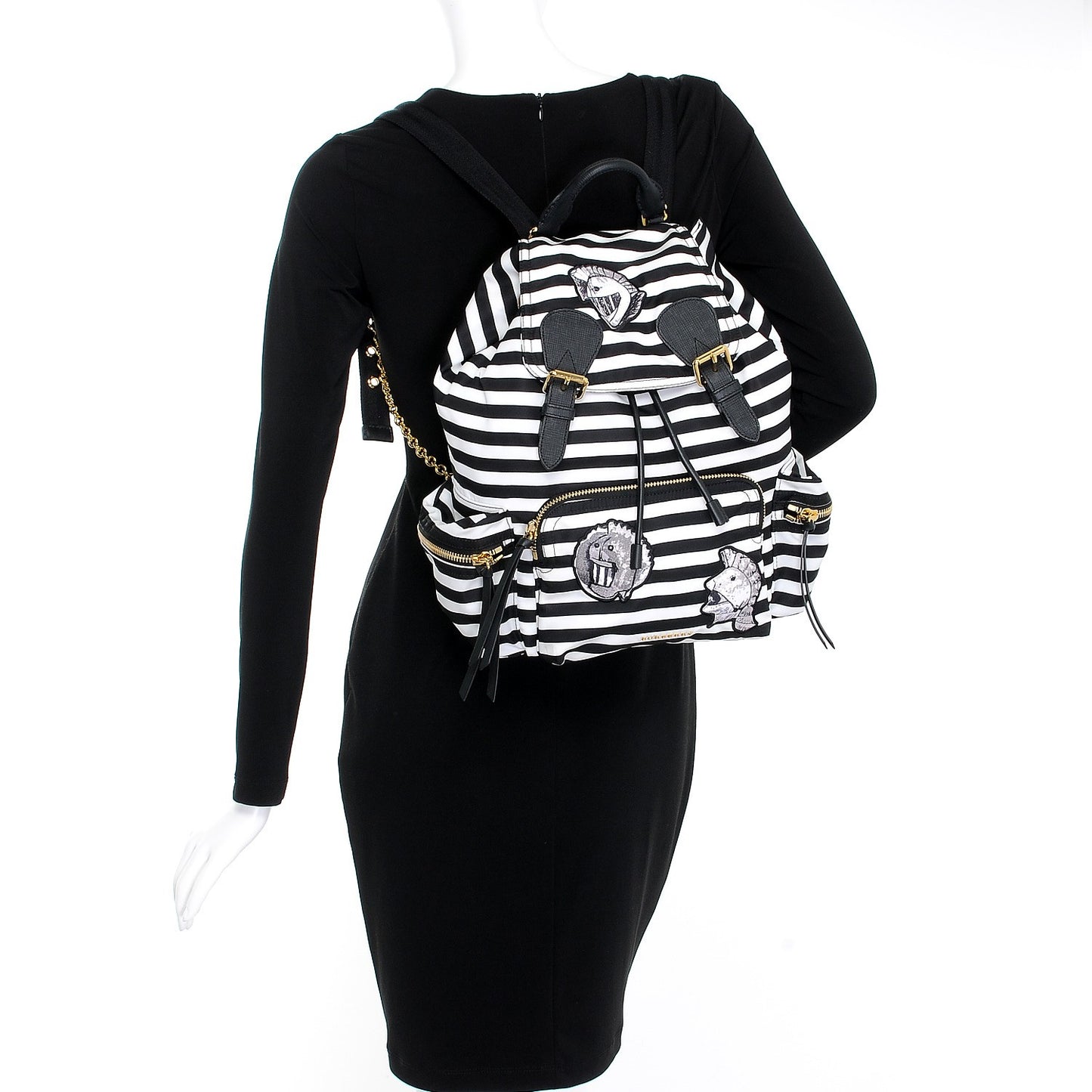 Nylon Striped Medium Rucksack Backpack Black White