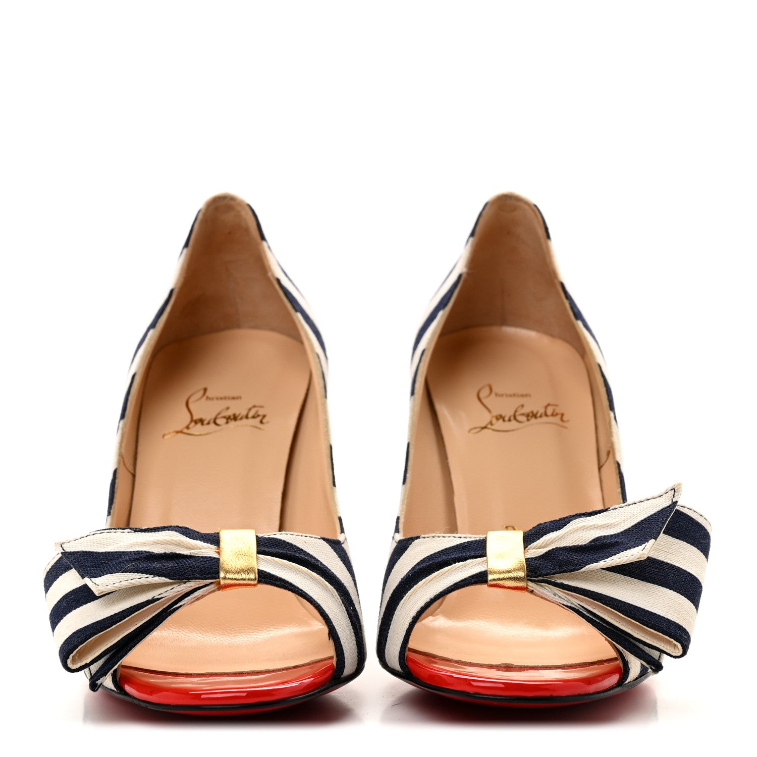 Christian Louboutin Canvas Striped Just Soon 85 Peep Toe Pumps 35.5 Navy White 3 of 9