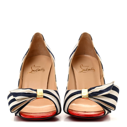 Christian Louboutin Canvas Striped Just Soon 85 Peep Toe Pumps 35.5 Navy White 3 of 9