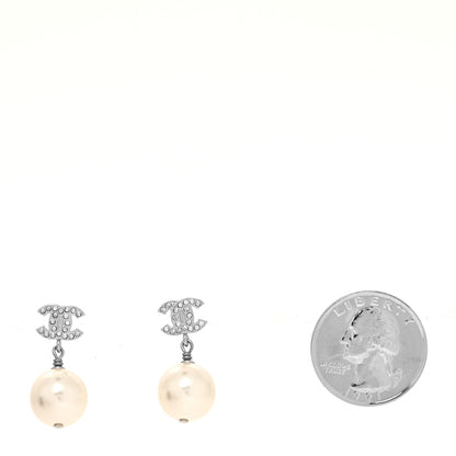 Chanel Crystal Pearl CC Drop Earrings Silver Pearly White 2 of 4