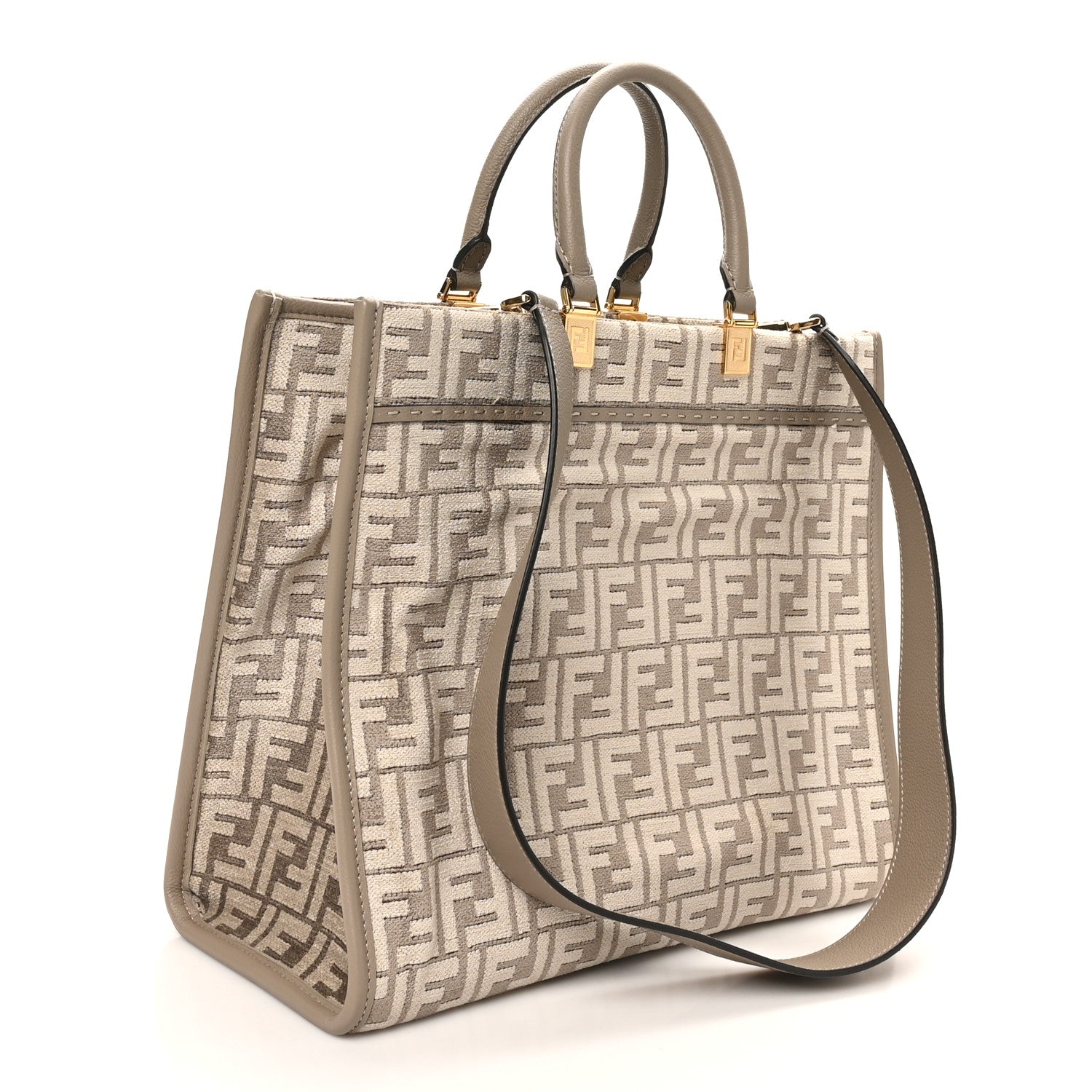 Fendi Chenille Vitello Cher FF Medium Fendi Sunshine Shopper Tote Tortora 2 of 10
