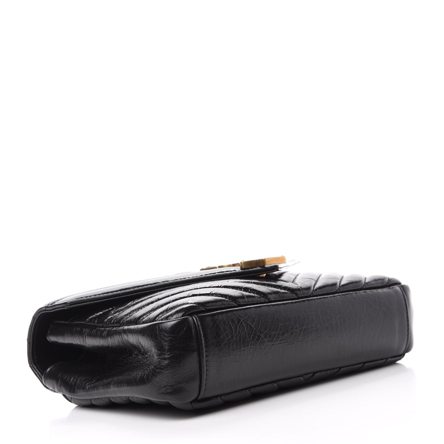 Cracked Shiny Calfskin Matelasse Chevron Monogram Medium College Bag Black