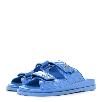 Chanel Lambskin Quilted Velcro Dad Chain CC Slide Sandals 37 Blue 4 of 10