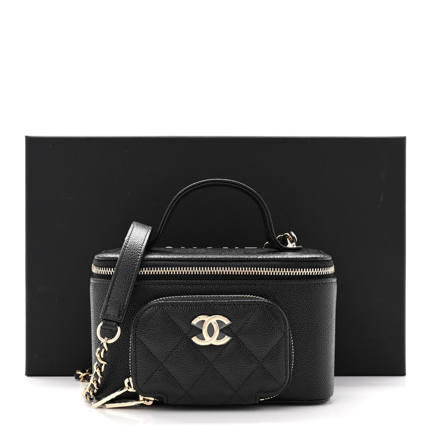 Caviar Quilted Top Handle Pocket Vanity Case Black