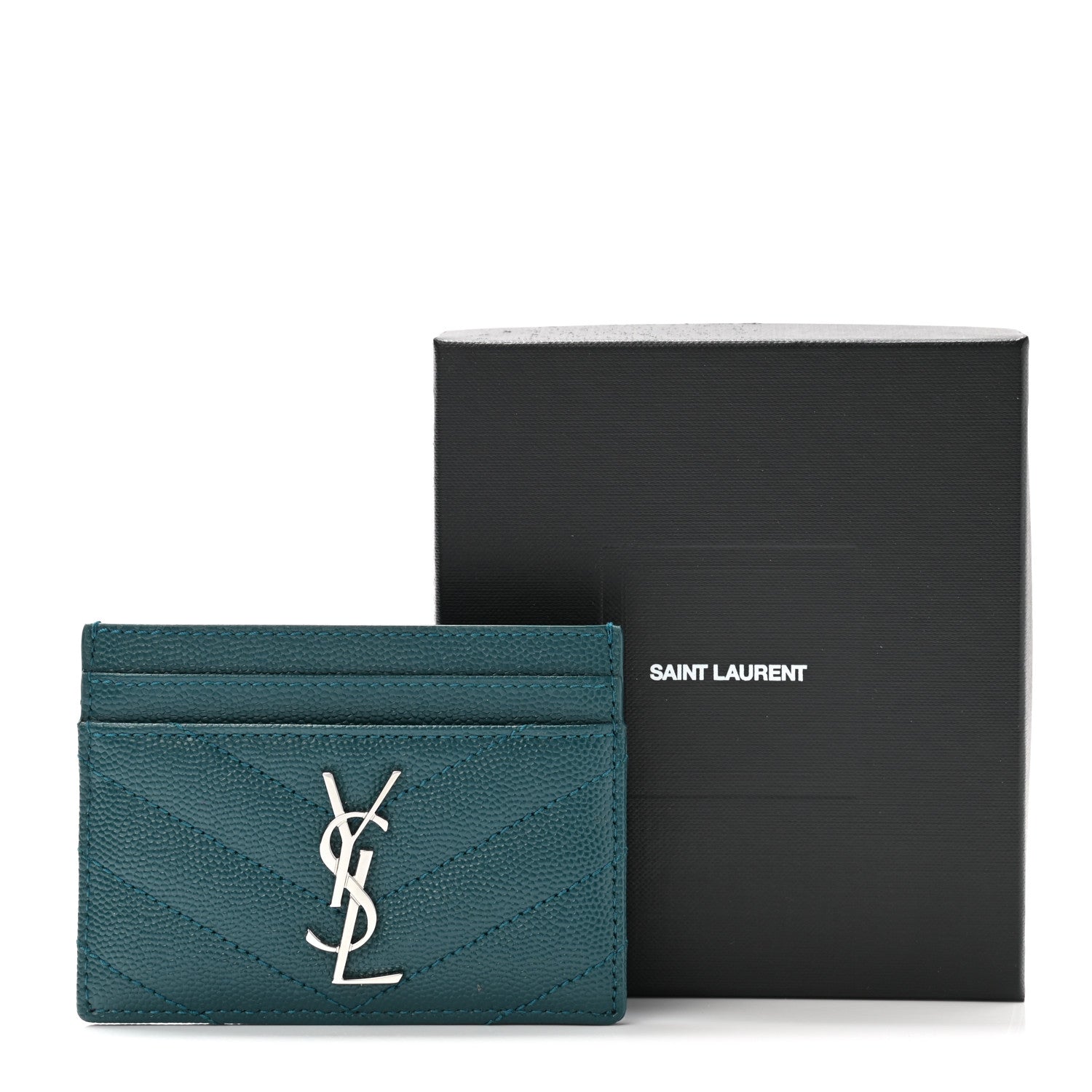 Saint Laurent Grain De Poudre Matelasse Chevron Monogram Credit Card Case Peacock Green 8 of 8