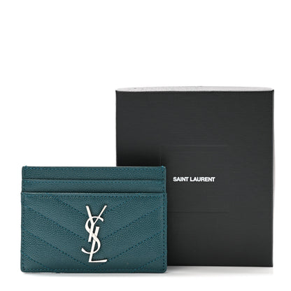 Saint Laurent Grain De Poudre Matelasse Chevron Monogram Credit Card Case Peacock Green 8 of 8