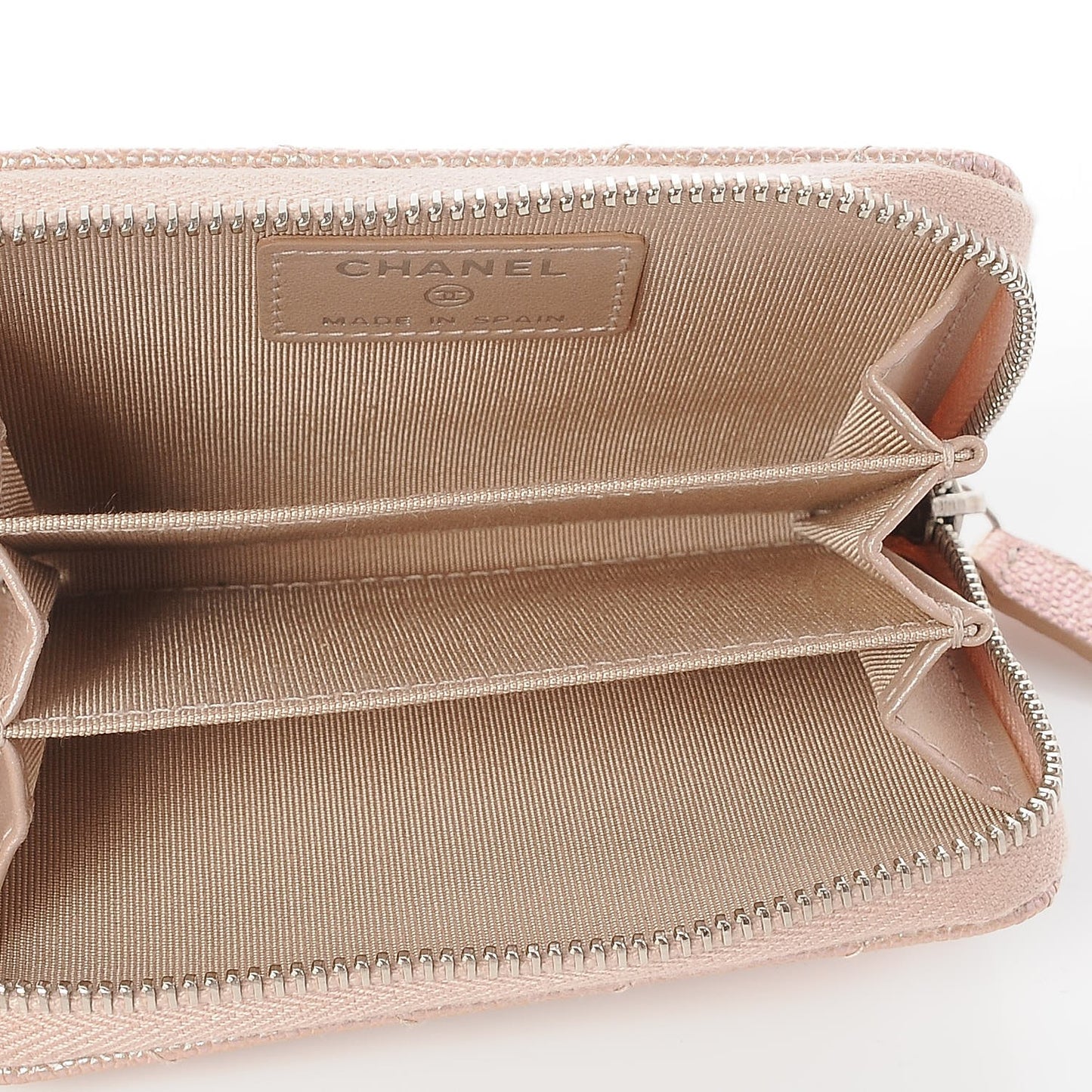 Metallic Caviar Chevron Quilted Zip Around Coin Purse Light Gold