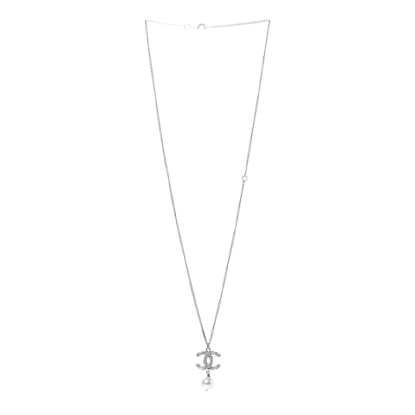 Crystal Pearl Twisted CC Drop Necklace Silver