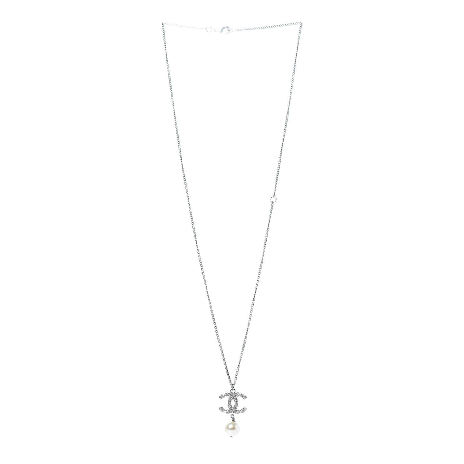 Chanel Crystal Pearl Twisted CC Drop Necklace Silver 3 of 5